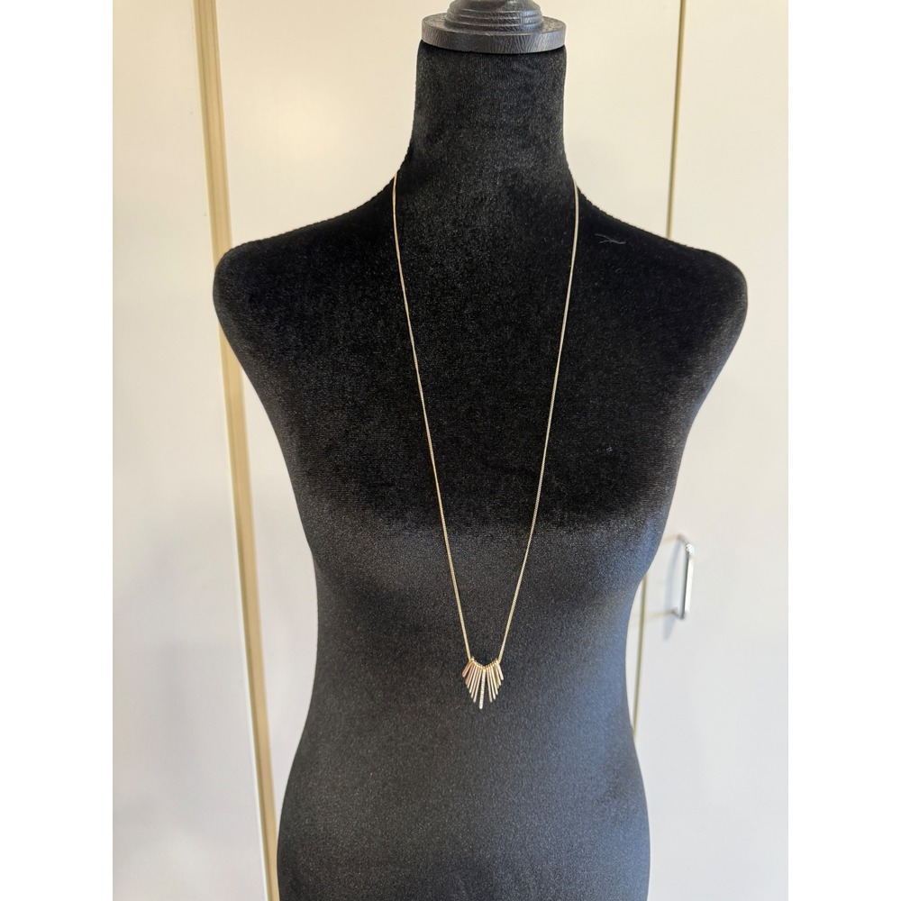 Gold Tone Long Sunburst Fringe Pendant Necklace Rhinestone Bar Accent 32 Inch